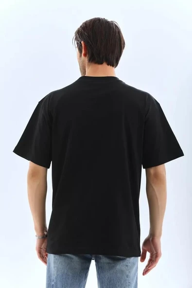 Unisex Oversize Düz Bisiklet Yaka T-Shirt - Siyah - Resim 2