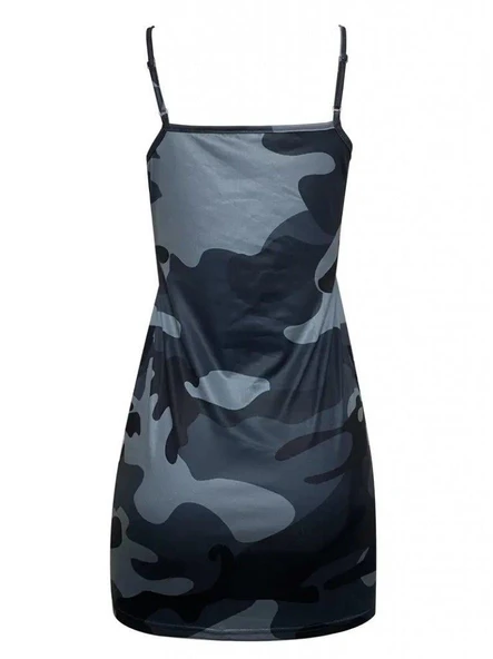 Kadın Ip Askılı Kamuflaj Baskılı Viskon Elbise - Resim 4