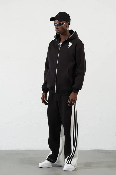 Samuray ZIP Fermuarlı Kapşonlu Hırka - Siyah - 4