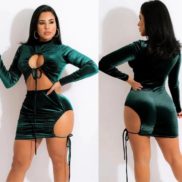 Kadın Uzun Kollu Full Dekolte Detay Kadife Kumaş Elbise ürün görseli