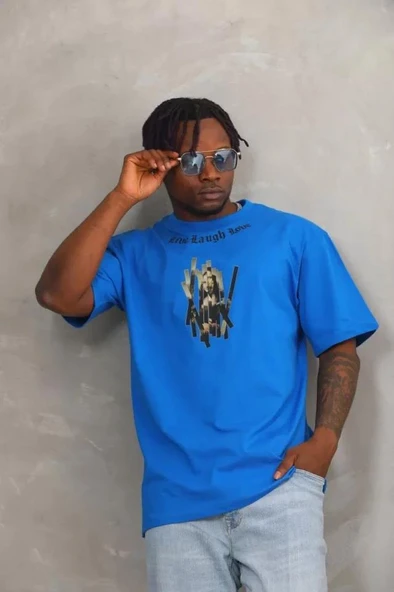 Unisex Oversize Baskılı Bisiklet Yaka T-Shirt - Mavi ürün görseli