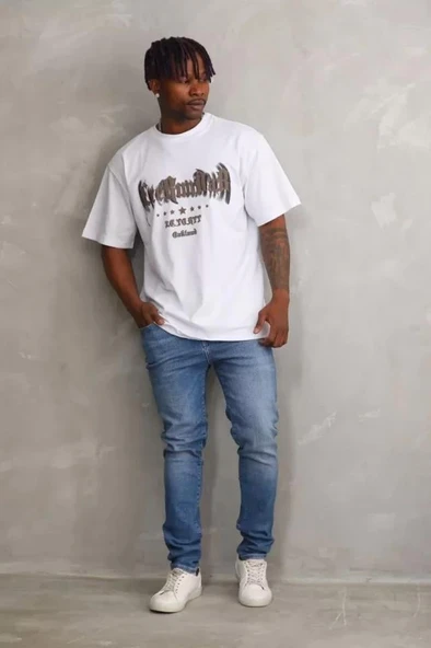 Unisex Baskılı Oversize T-Shirt - Beyaz - Resim 4