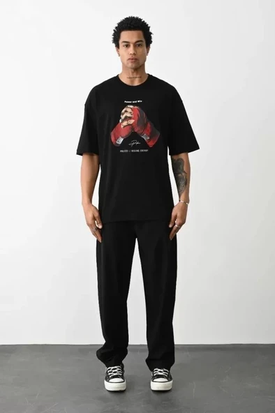 Unisex Baskılı Oversize T-Shirt - Siyah - Resim 4