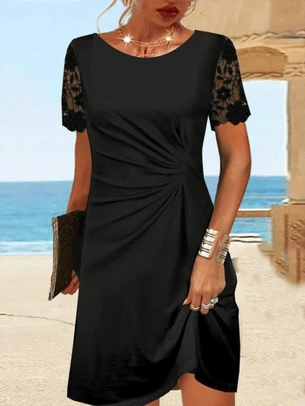 Kadın Kısa Kollu Yuvarlak Yaka Dantel Kol Detay Viskon Elbise ürün görseli