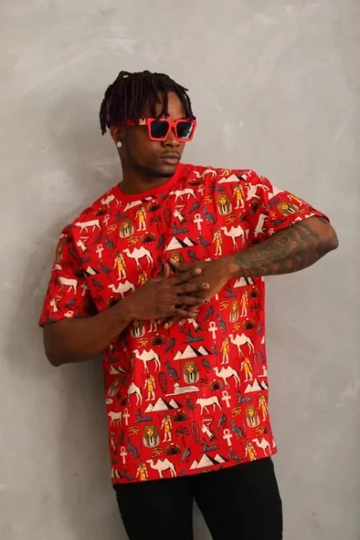 Unisex Oversize Baskılı Bisiklet Yaka T-Shirt - Kırmızı ürün görseli