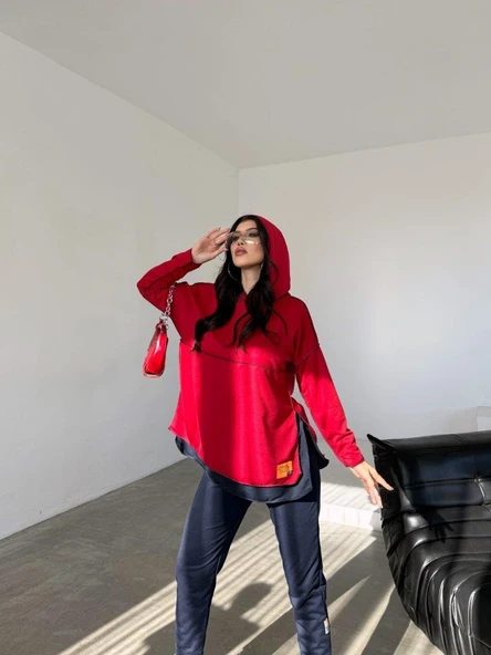 Kadın Kırmızı Kapşonlu Etek Ucu Detay Arma Ters Dikiş Gorunumlu Ikili Takım - Resim 8