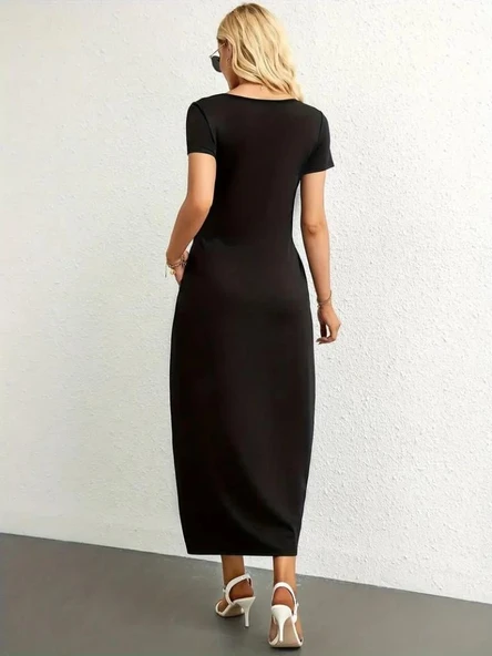 Kadın Kısa Kollu Yakası Yuvarlak Cepli Viskon Elbise - Resim 4