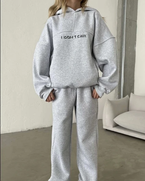 Nakış İşlemeli Üç İplik Sweat Takım- Gri - Resim 3