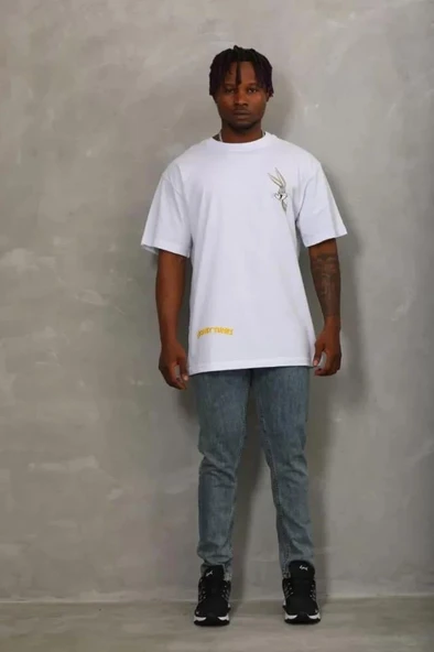 Unisex Oversize Baskılı Bisiklet Yaka T-Shirt - Beyaz - Resim 3