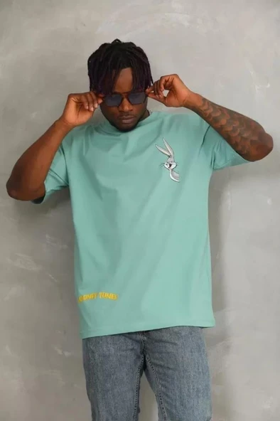 Unisex Oversize Baskılı Bisiklet Yaka T-Shirt - Mint Yeşili - Resim 2