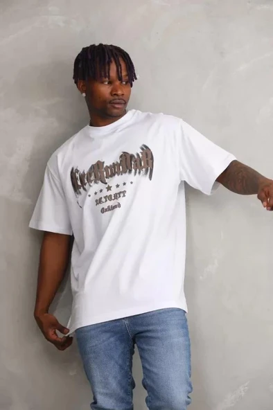 Unisex Baskılı Oversize T-Shirt - Beyaz ürün görseli
