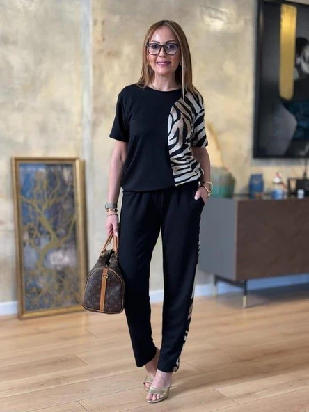 Kadın Bisiklet Yaka Kısa Kol Leopar Desen Bluz Ve Pantolon Ikili Takım - Resim 8