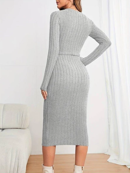 Kadın Uzun Kollu şardonlu Kaşkorseönü Düğmeli Mini Boy Elbise Ikili Takım - Resim 4