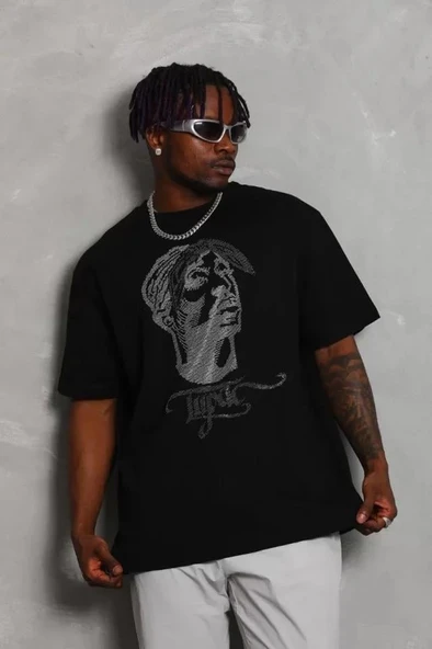 Unisex Oversize Taşlı Bisiklet Yaka T-Shirt - Siyah - Resim 2