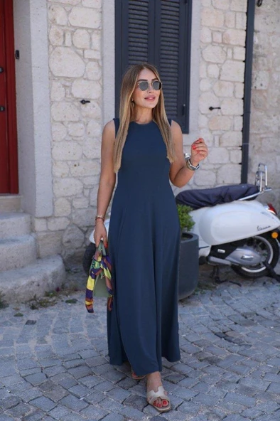 Kadın Sıfır Kollu Bisiklet Yaka Viskon Elbise - Resim 3