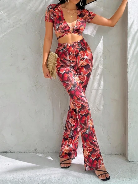 Kadın Kısa Kollu Desenli Takım - Resim 2