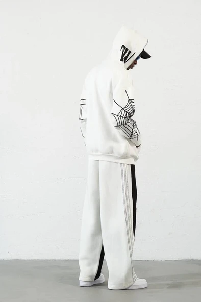 Üç İplik Baskılı Fermuarlı Kapşonlu Hırka - Beyaz - 3