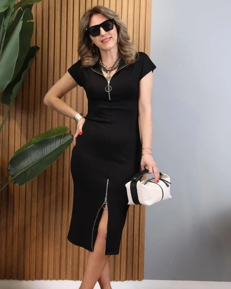 Kadın Kısa Kollu Yakadan Ve Eteği Fermuarlı Viskon Iki Iplik Midi Elbise ürün görseli