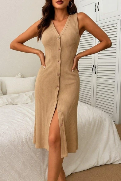 Kadın V Yakalı önden Düğmeli Kaşkorse Elbise ürün görseli