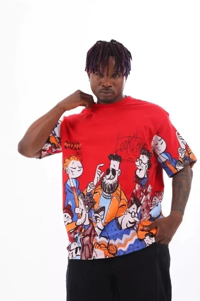 Unisex Oversize Baskılı Bisiklet Yaka T-Shirt - Kırmızı - Resim 3