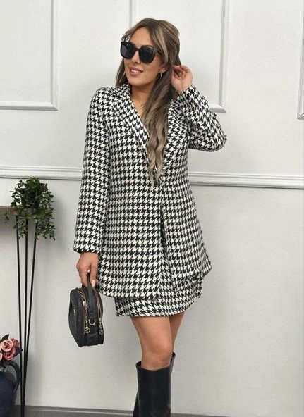 Kadın Kazayağı Desen Vatka Detay Kaban Ve Yüksek Bel Etek Ikili Takım - 9