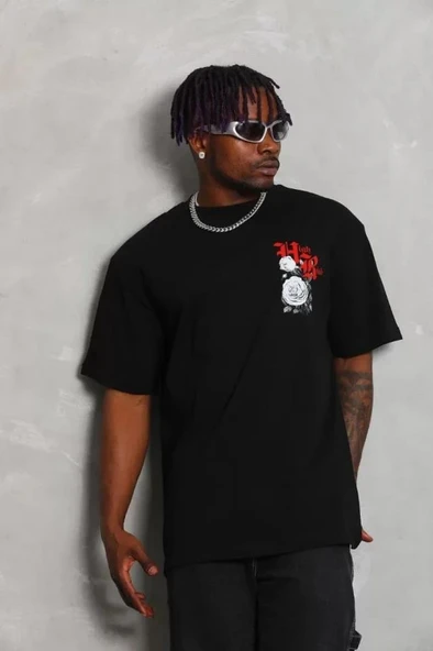 Unisex Oversize Baskılı Bisiklet Yaka T-Shirt - Siyah ürün görseli