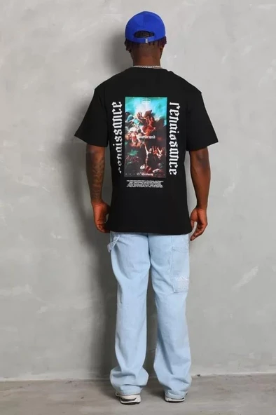 Unisex Oversize Baskılı Bisiklet Yaka T-Shirt - Siyah - Resim 4