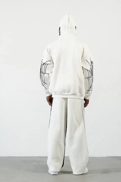 Üç İplik Baskılı Fermuarlı Kapşonlu Hırka - Beyaz - 2