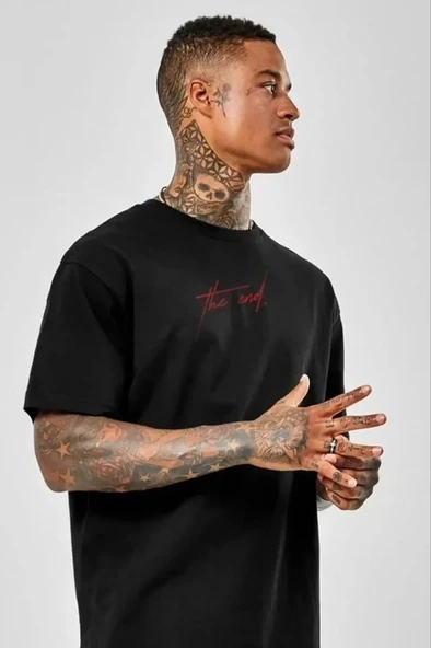 Unisex Baskılı Oversize T-Shirt - Siyah - Resim 2
