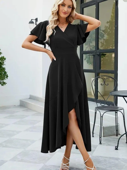 Kadın Kısa Kollu Kruvaze Yakalı önden Volanlı çapraz Kesim Detaylı Maksi Boy Ithal Krep Elbise - Resim 3