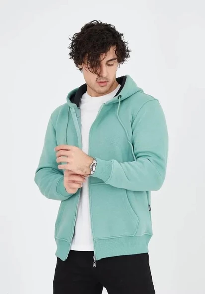 Unisex Tam Fermuarlı Kapşonlu  SweatShirt - Mint Yeşili - Resim 3