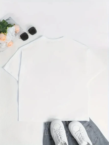 Baskılı Oversize Bisiklet Yaka T-shirt - Beyaz - Resim 4