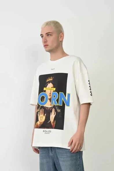 Unisex Baskılı Bisiklet Yaka Oversize T-Shirt - Beyaz ürün görseli