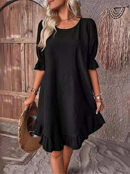 Kadın Kısa Kollu Kol Ve Eteği Volanlı Bisiklet Yaka Aerobin Elbise - Resim 7