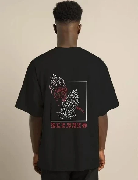 Unisex Bisiklet Yaka Oversize Baskılı T-Shirt - Siyah - Resim 2