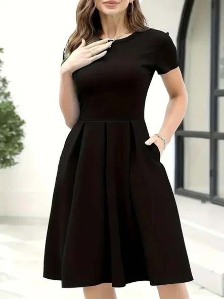 Kadın Kısa Kollu Bisiklet Yaka önden Pile Detaylı Janjan Krep Elbise - Resim 3