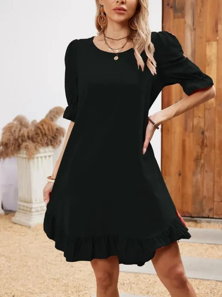 Kadın Kısa Kollu Kol Ve Eteği Volanlı Bisiklet Yaka Aerobin Elbise - Resim 3