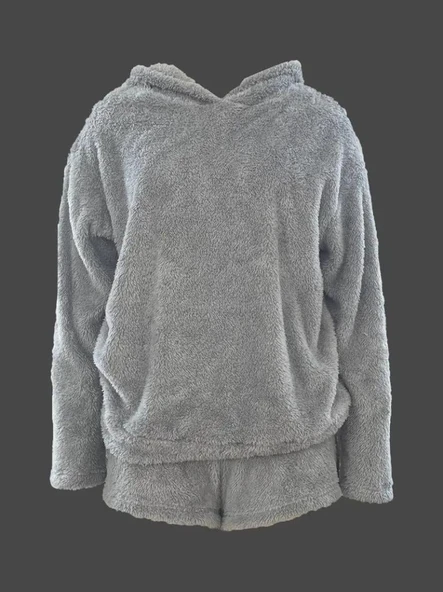 Kadın Uzun Kollu Meow Kedi Nakışlı Kapşonlu Peluş Sweat Ve Short Ikili Takım - 2
