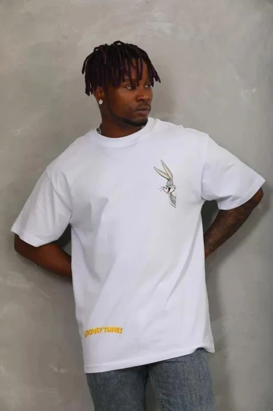 Unisex Oversize Baskılı Bisiklet Yaka T-Shirt - Beyaz - Resim 2