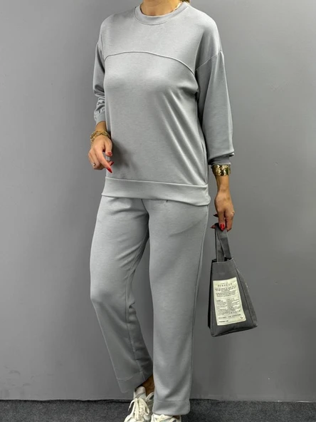 Kadın Uzun Kollu Bisiklet Yaka Viskon Iki Iplik Bluz Ve Pantolon Ikili Takım - Resim 5