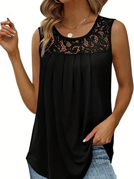 Kadın Askılı Yuvarlak Yaka Dantel Detaylı Viskon Bluz - Resim 3