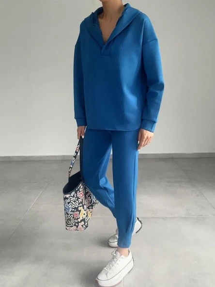 Kadın Uzun Kol V Yaka Kapüşon Detay Sweat Ve Yüksel Bel Eşofman Ikili Takım ürün görseli