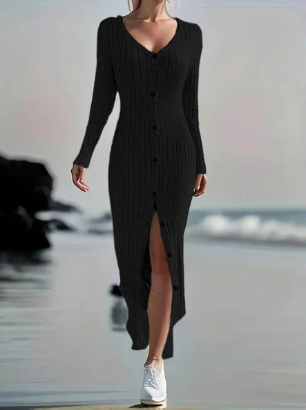 Kadın Uzun Kollu V Yakalı önden Düğmeli şardonlu Kaşkorse Elbise - Resim 2