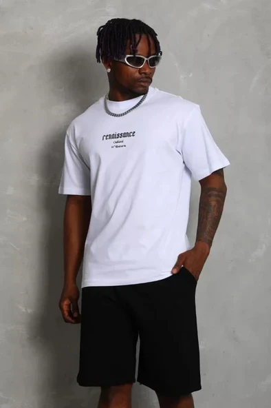 Unisex Oversize Baskılı Bisiklet Yaka T-Shirt - Beyaz ürün görseli