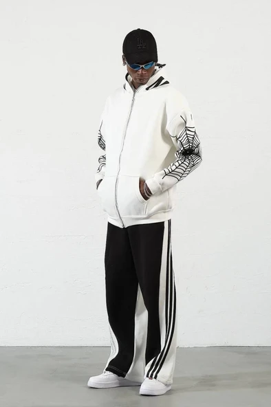 Üç İplik Baskılı Fermuarlı Kapşonlu Hırka - Beyaz - 4