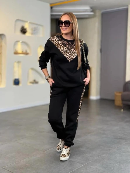 Kadın üç Iplik Kumaş Leopar Desenli Dantel Detaylı Ikili Takım - Resim 7