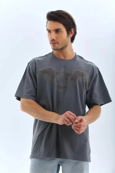 Unisex Oversize Taşlı Bisiklet Yaka T-Shirt - Füme - Resim 3