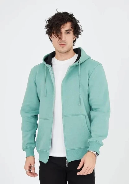 Unisex Tam Fermuarlı Kapşonlu  SweatShirt - Mint Yeşili - Resim 4