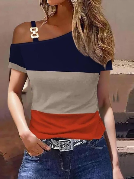 Kadın Kısa Kollu Tek Omuzu Açık Toka Detaylı çok Renkli Viskon Bluz - Resim 3