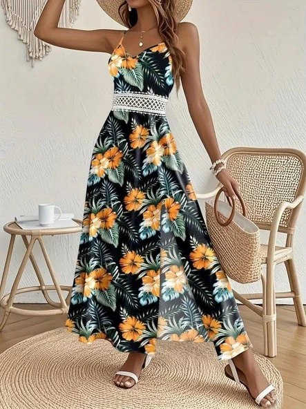 Kadın Ip Askılı V Yakalı Bel Güpür çiçek Desenli Yandan Yırtmaçlı Maksi Süprem Elbise - Resim 5